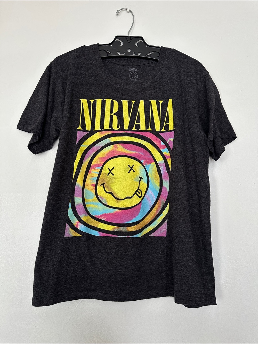 Nirvana women gray Graphic Tee with Yellow Smiley Logo